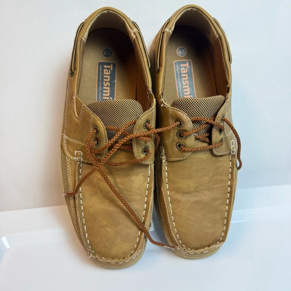 Tansmith Mens Tan Boat Shoes sz 8.5 Boho Casual Lace Up Simulated Leather‎ Mesh